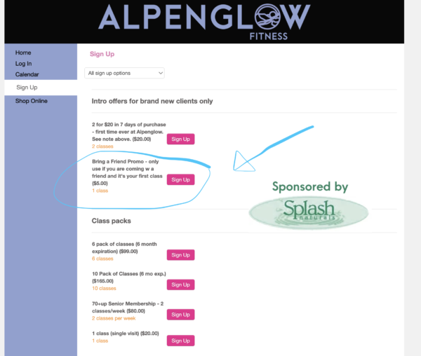 screen shot, how to sign up for the $5 friend first time class promotion