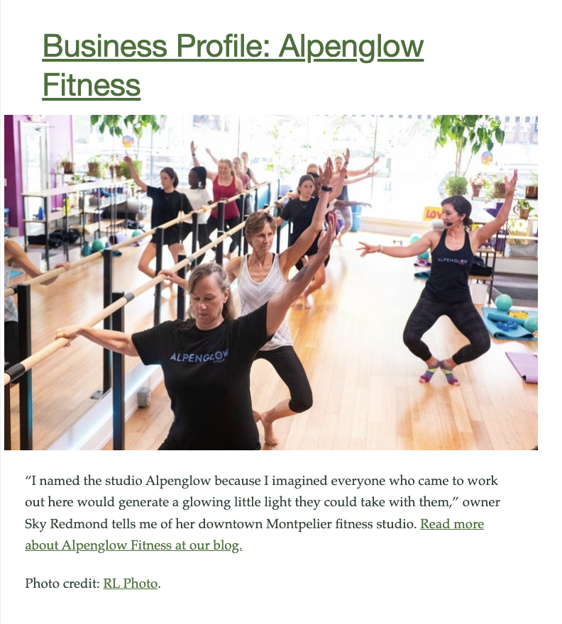 A screenshot of an email newsletter from the CVEDC focusing on Alpenglow Fitness